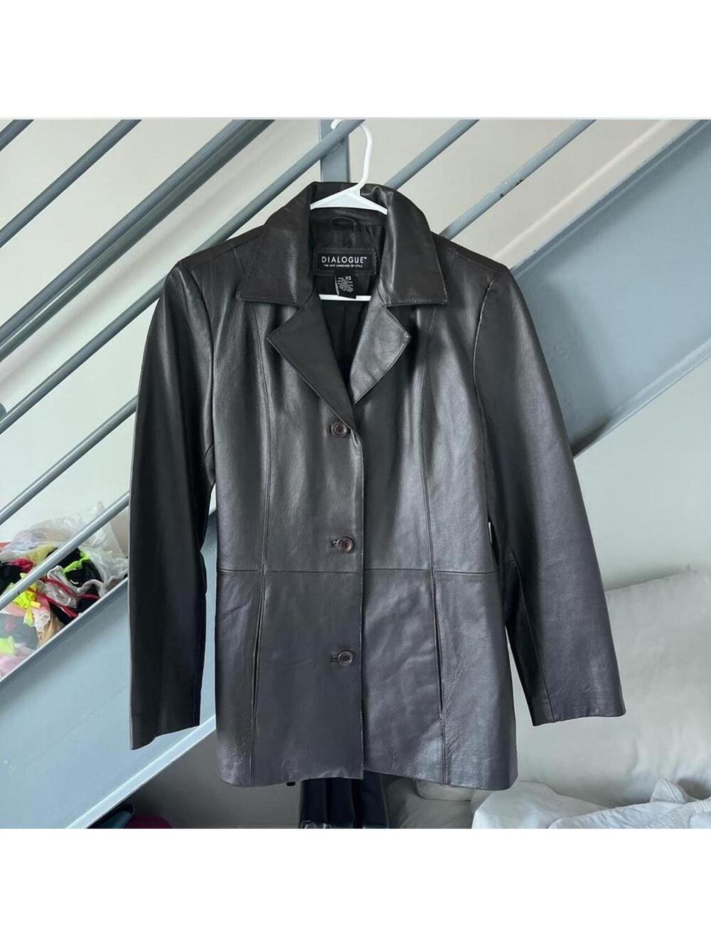 Dialogue Womens 100% Leather Jacket dark brown Blazer Button Coat Size xs